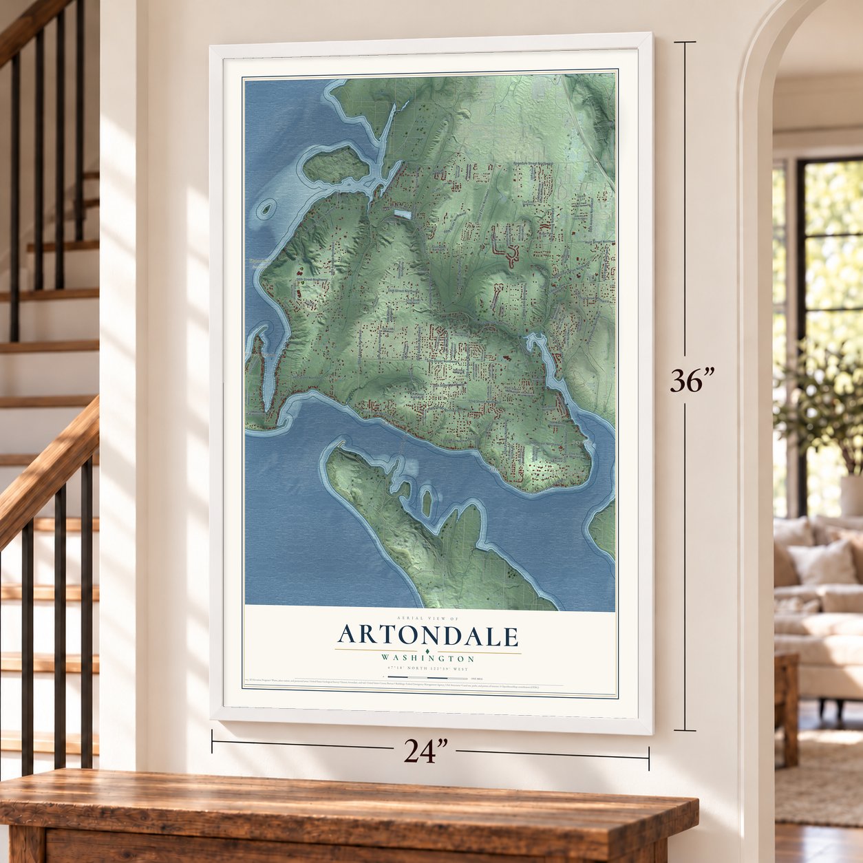 Artondale, Washington map, 24 x 36 inch print in a white frame by a staircase