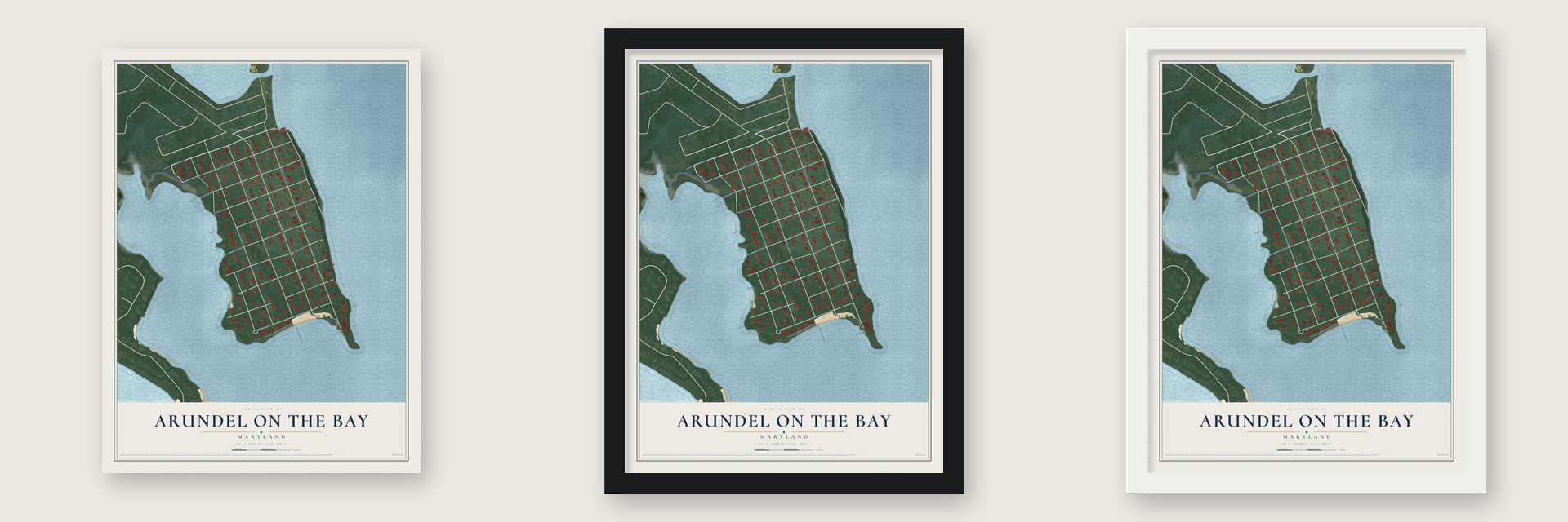 Arundel on the Bay, Maryland map unframed, in a black wood frame and in a white wood frame