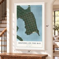 Arundel on the Bay, Maryland map, 24 x 36 inch print in a white frame by a staircase
