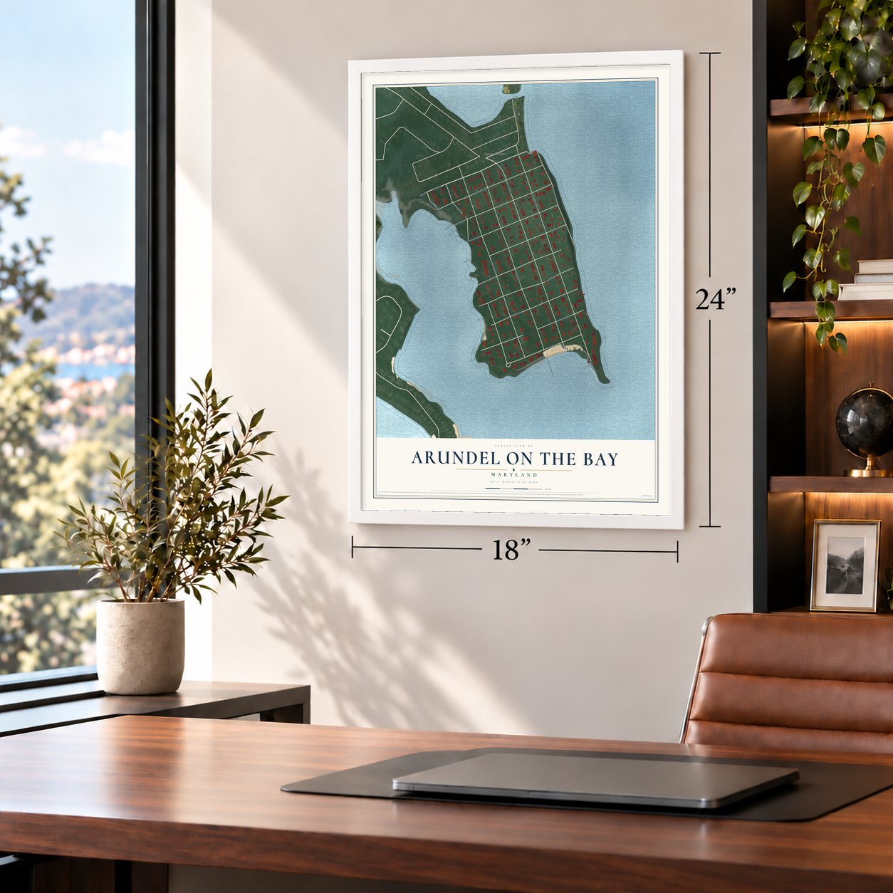 Arundel on the Bay, Maryland map, 18 x 24 inch print in a white frame in a home office