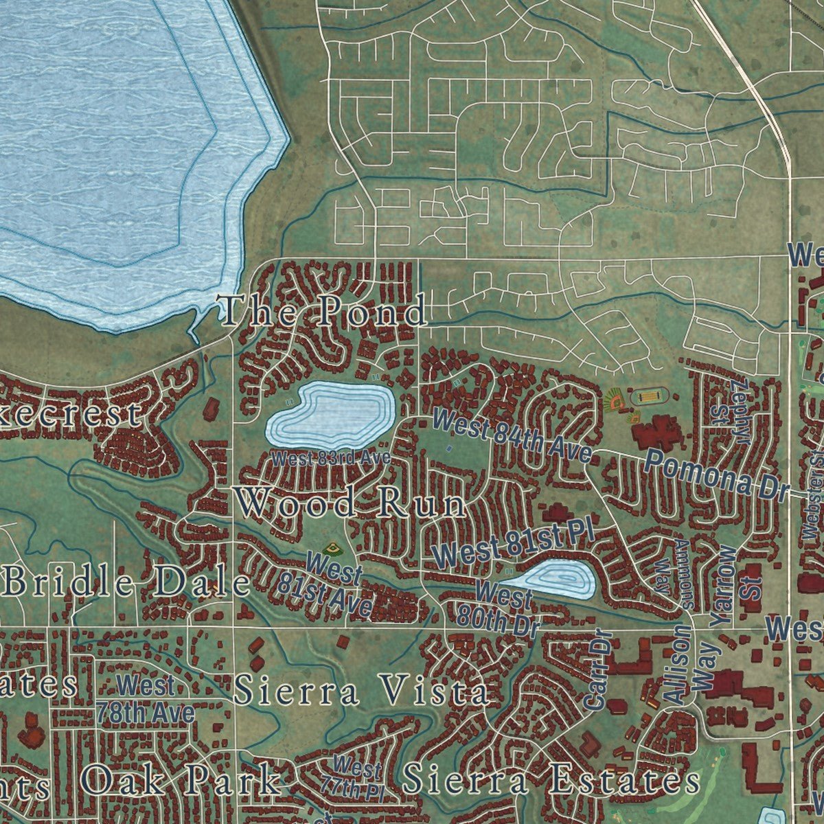 Second close-up of the map of Arvada, Colorado print showing more streets and buildings