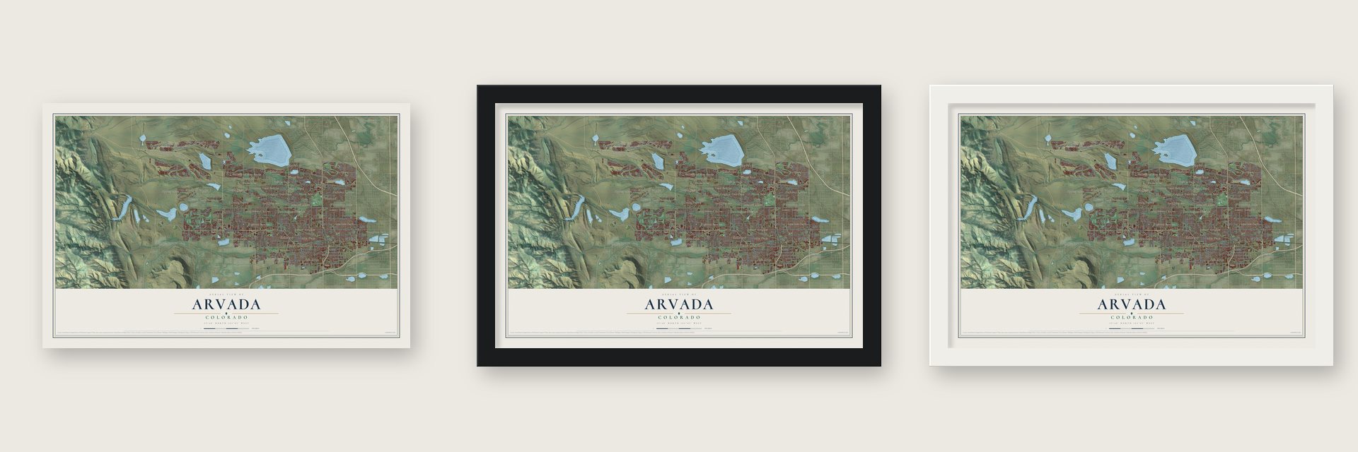 Arvada, Colorado map unframed, in a black wood frame and in a white wood frame