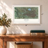 Arvada, Colorado map, 12 x 18 inch print in a white frame in an entryway
