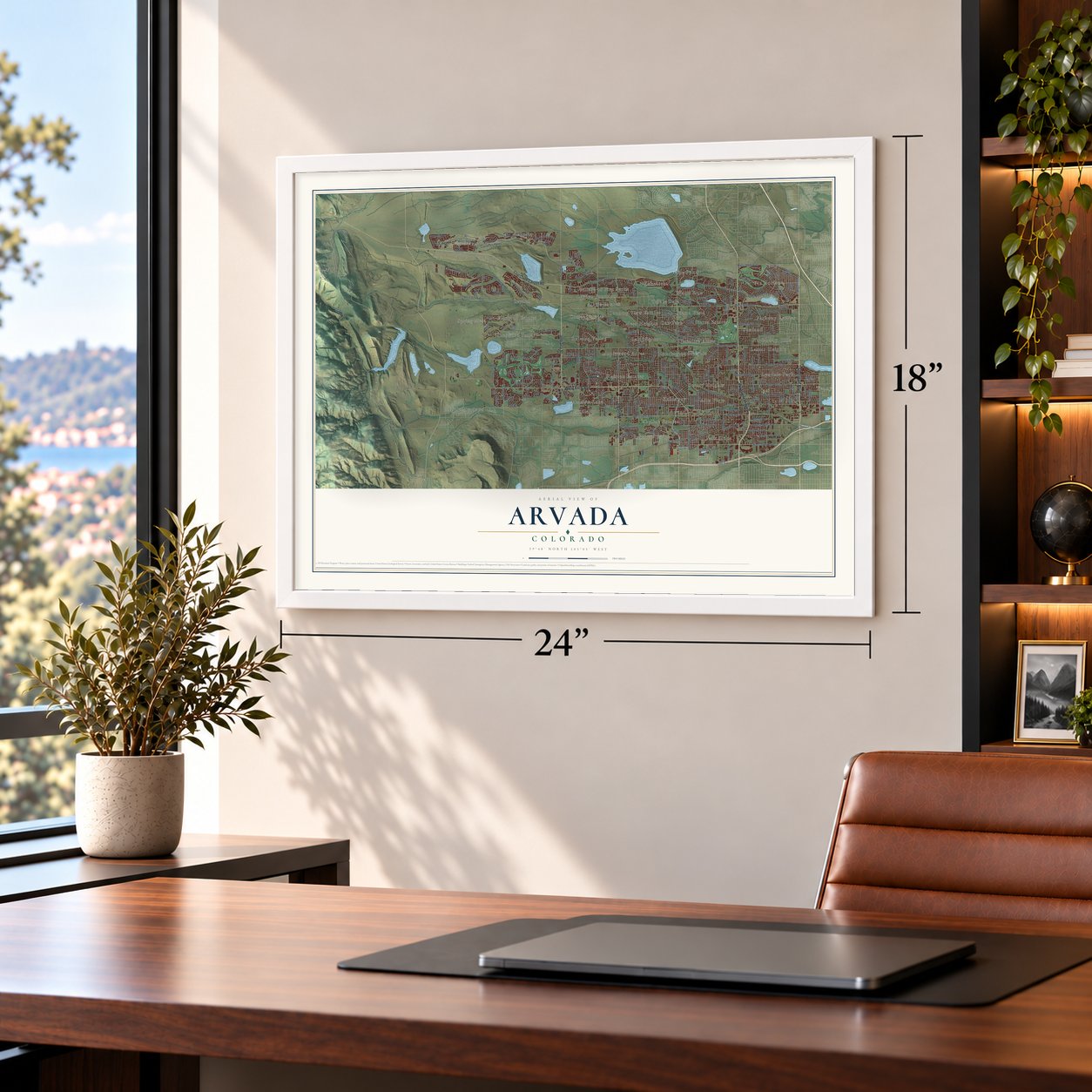 Arvada, Colorado map, 18 x 24 inch print in a white frame in a home office