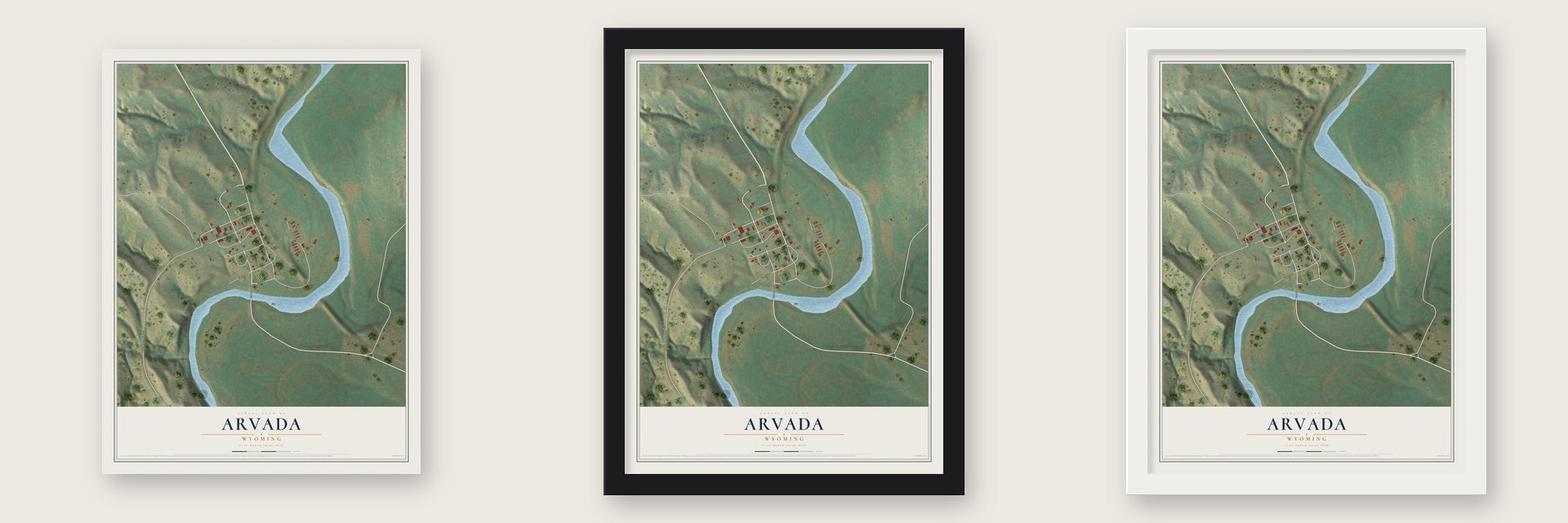 Arvada, Wyoming map unframed, in a black wood frame and in a white wood frame