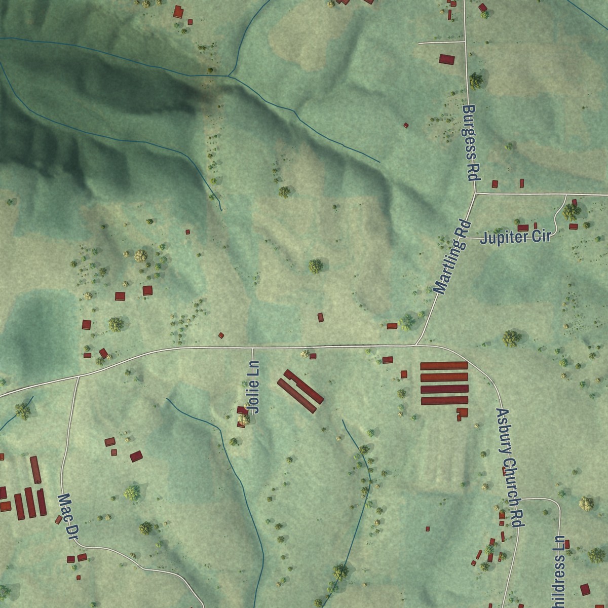 Second close-up of the map of Asbury, Alabama print showing more streets and buildings