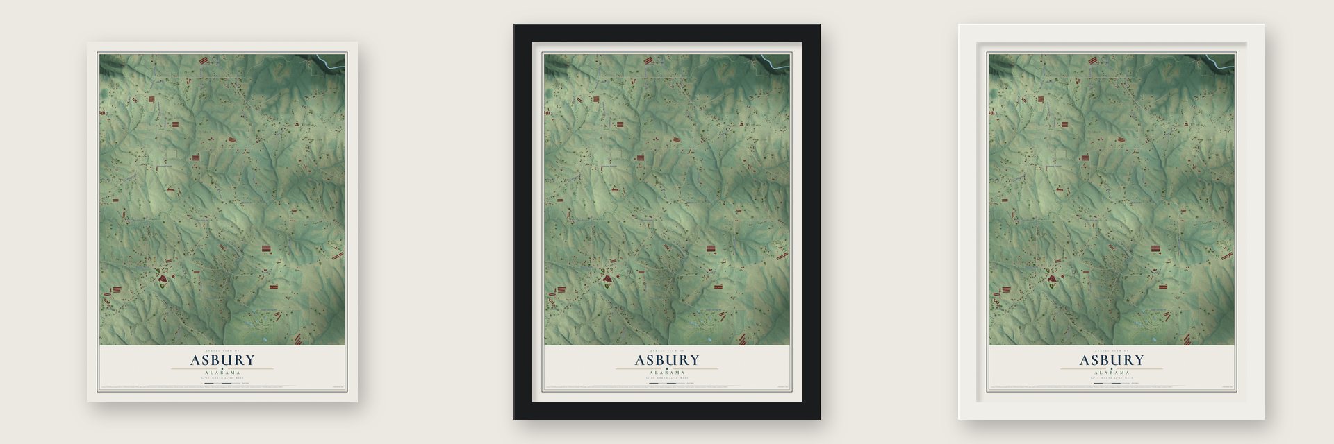 Asbury, Alabama map unframed, in a black wood frame and in a white wood frame