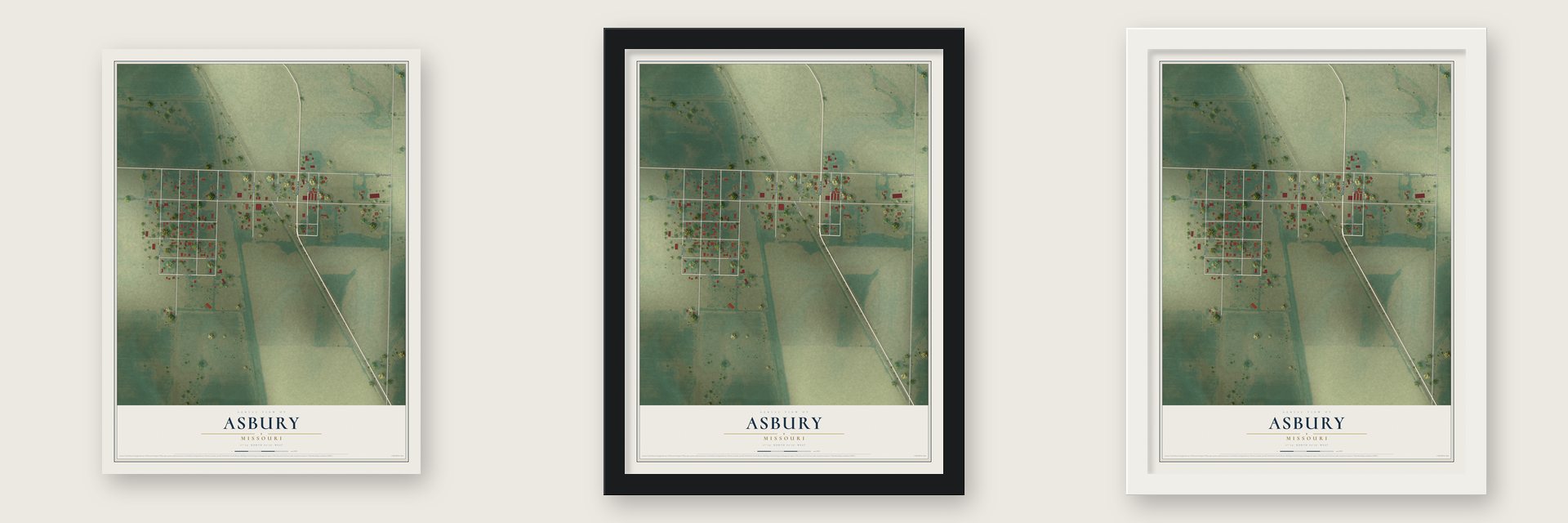 Asbury, Missouri map unframed, in a black wood frame and in a white wood frame