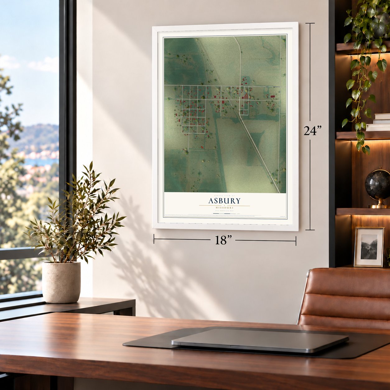 Asbury, Missouri map, 18 x 24 inch print in a white frame in a home office