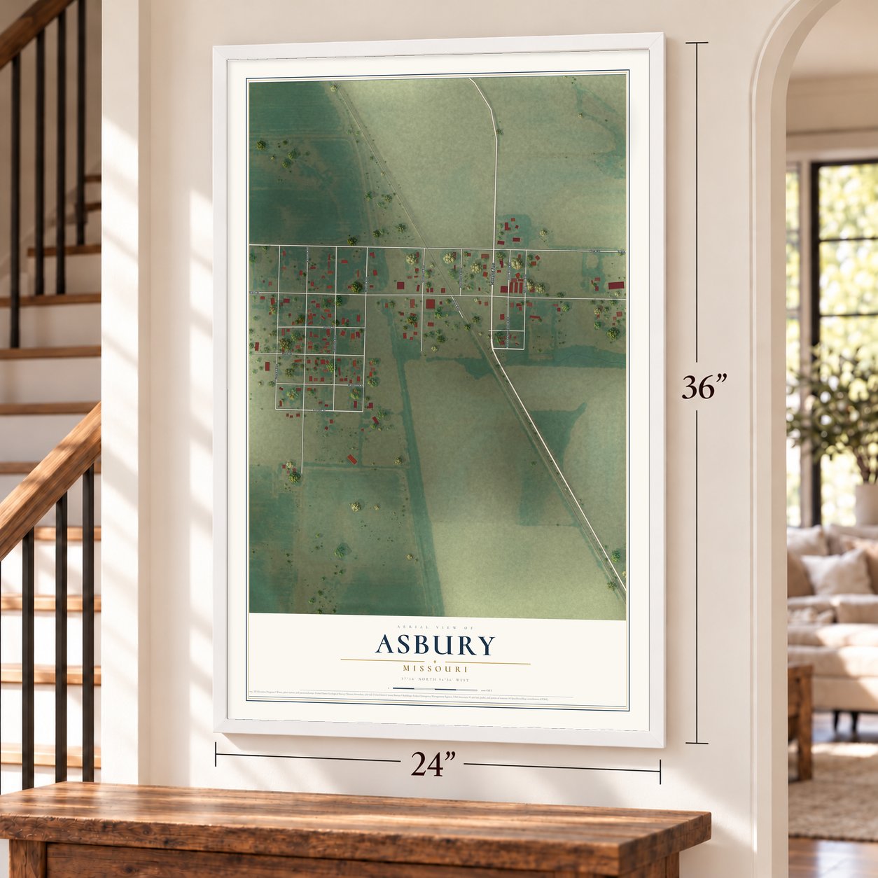Asbury, Missouri map, 24 x 36 inch print in a white frame by a staircase