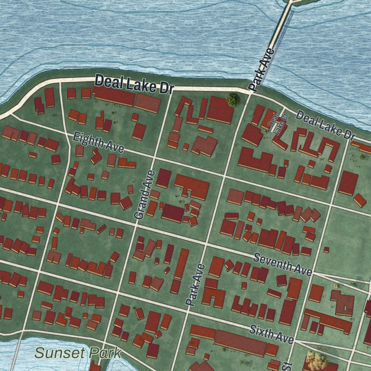 Second close-up of the map of Asbury Park, New Jersey print showing more streets and buildings