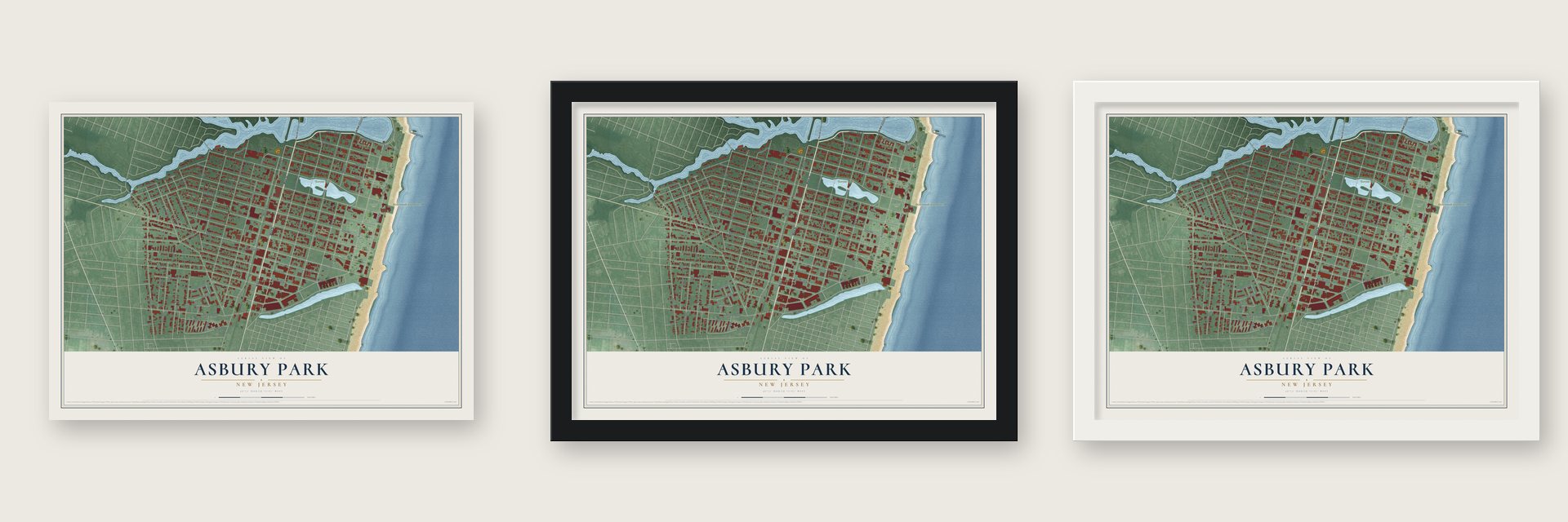 Asbury Park, New Jersey map unframed, in a black wood frame and in a white wood frame
