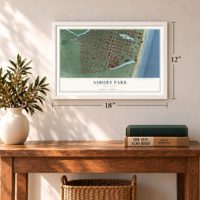 Asbury Park, New Jersey map, 12 x 18 inch print in a white frame in an entryway