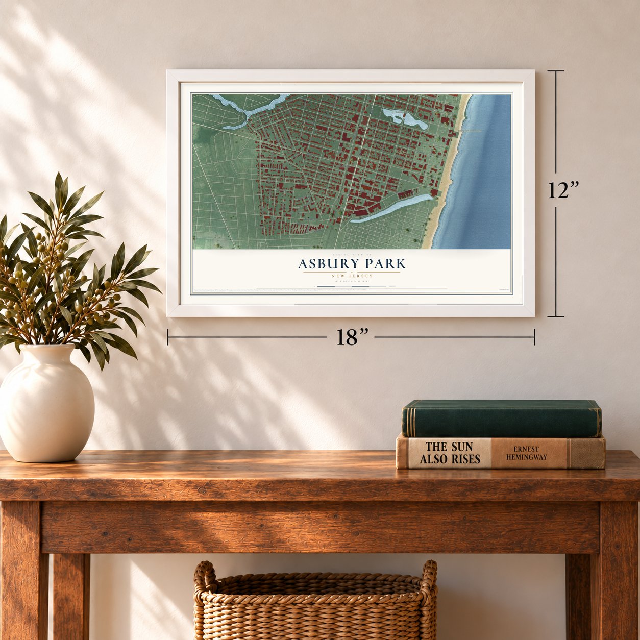 Asbury Park, New Jersey map, 12 x 18 inch print in a white frame in an entryway