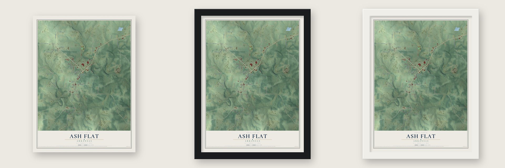Ash Flat, Arkansas map unframed, in a black wood frame and in a white wood frame