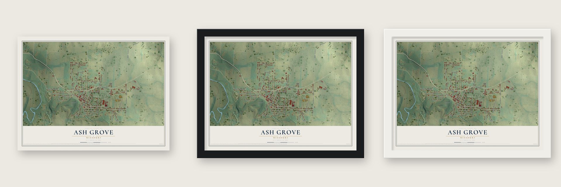 Ash Grove, Missouri map unframed, in a black wood frame and in a white wood frame