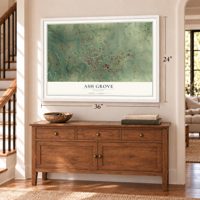 Ash Grove, Missouri map, 24 x 36 inch print in a white frame above a dresser by a staircase