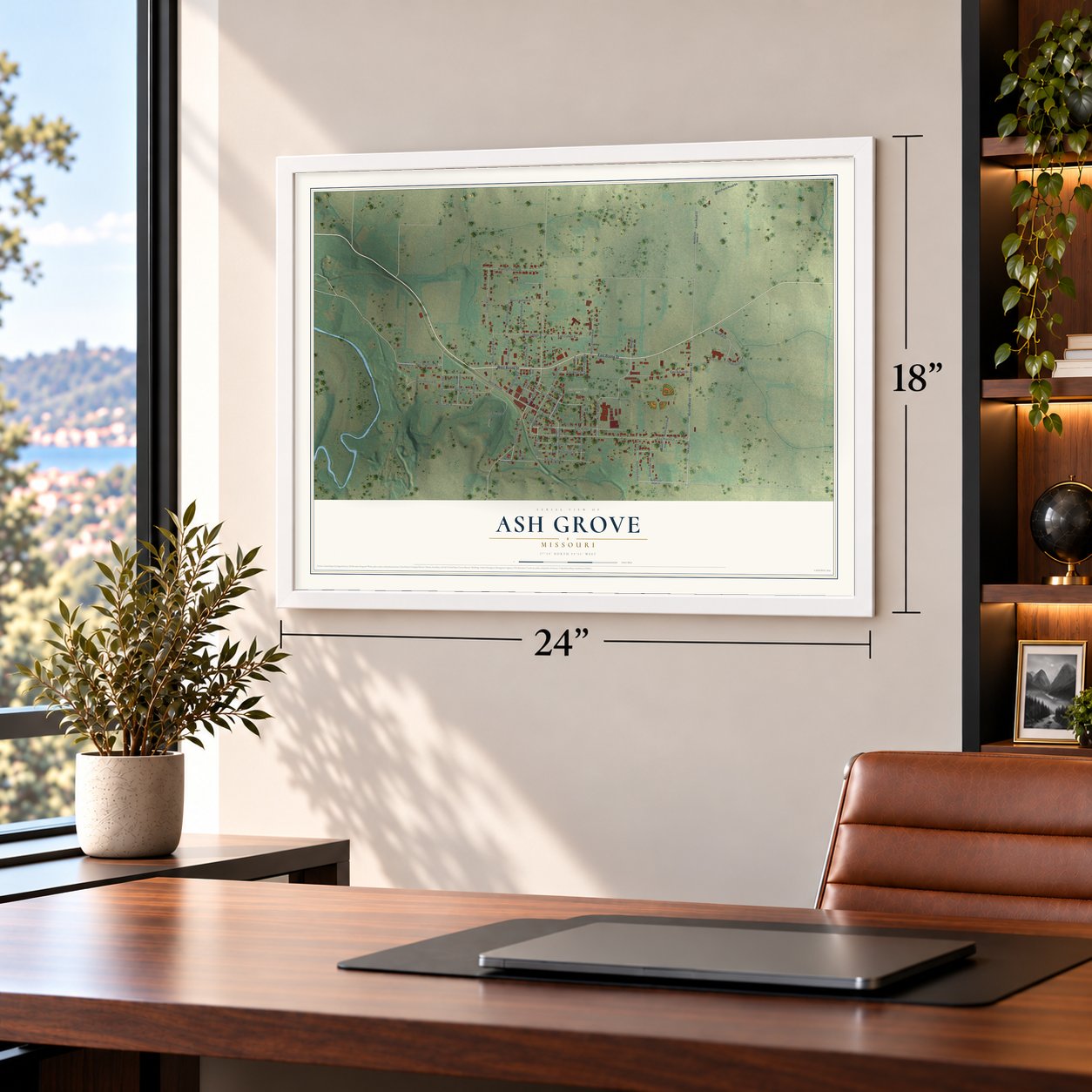 Ash Grove, Missouri map, 18 x 24 inch print in a white frame in a home office