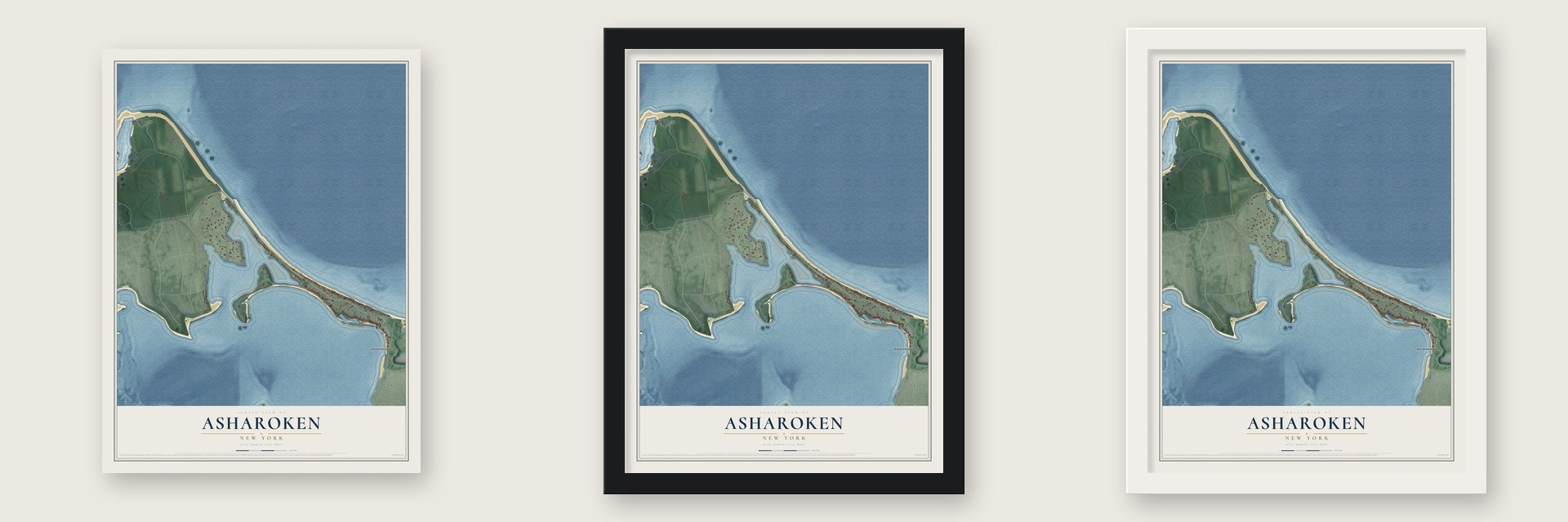 Asharoken, New York map unframed, in a black wood frame and in a white wood frame