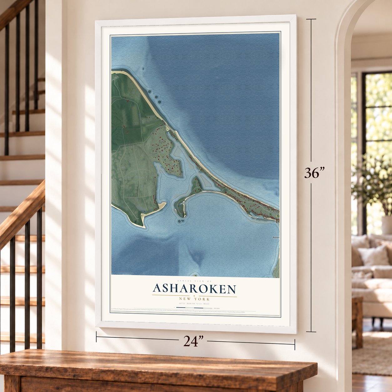 Asharoken, New York map, 24 x 36 inch print in a white frame by a staircase