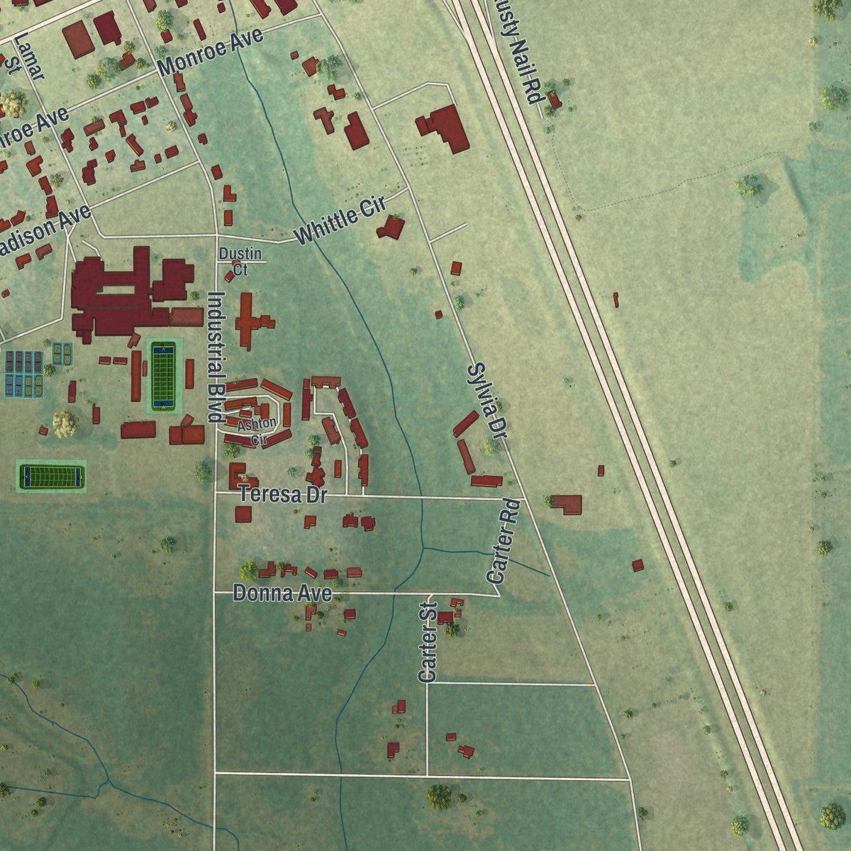 Second close-up of the map of Ashburn, Georgia print showing more streets and buildings