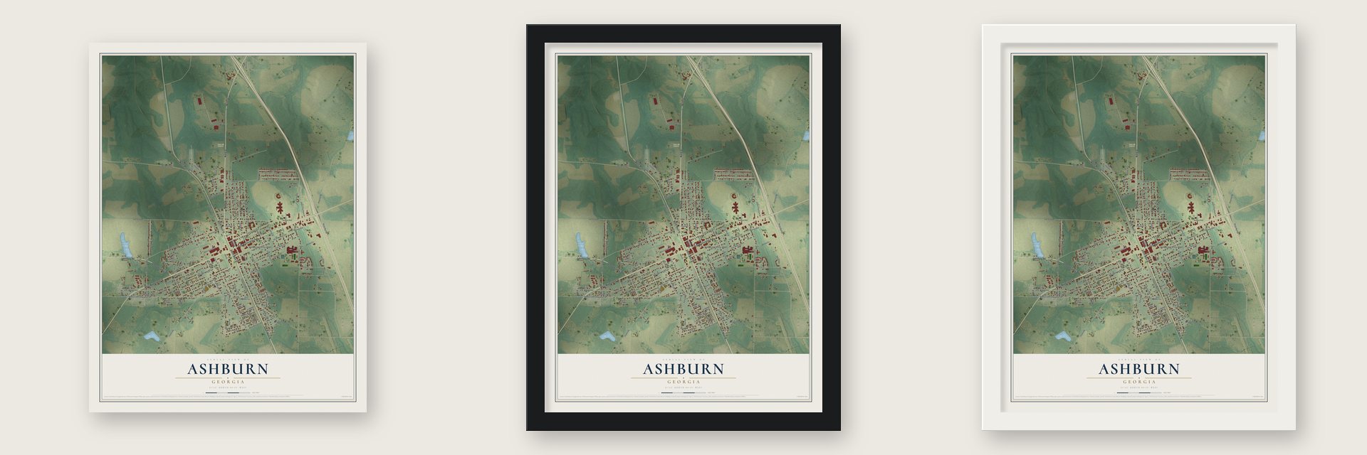 Ashburn, Georgia map unframed, in a black wood frame and in a white wood frame