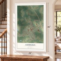 Ashburn, Georgia map, 24 x 36 inch print in a white frame by a staircase