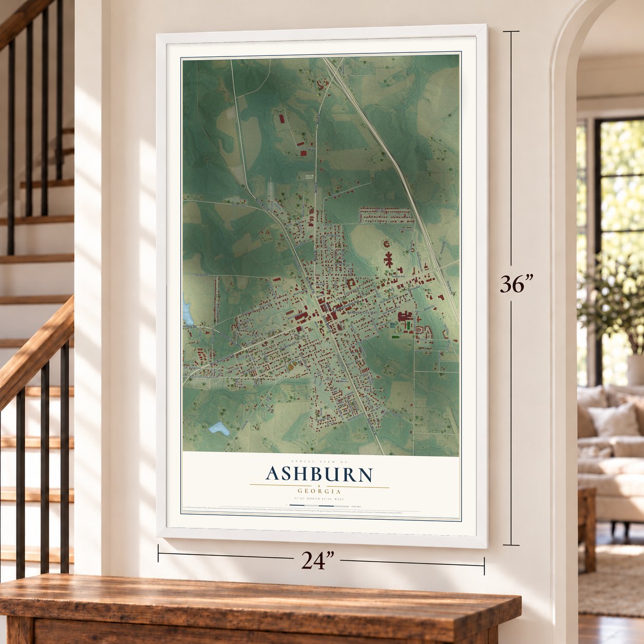 Ashburn, Georgia map, 24 x 36 inch print in a white frame by a staircase