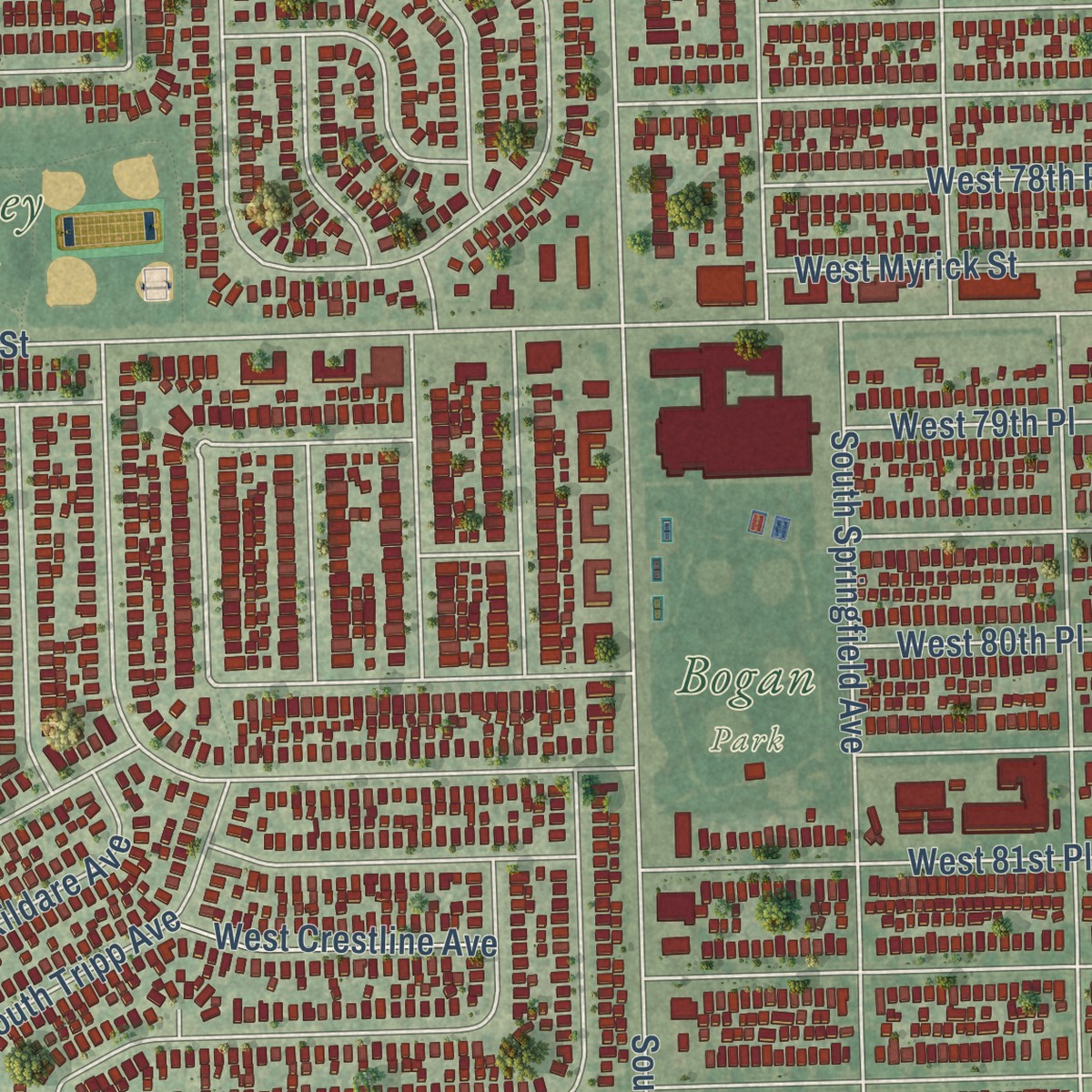 Second close-up of the map of Ashburn, Illinois print showing more streets and buildings