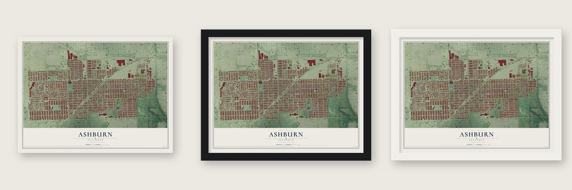Ashburn, Illinois map unframed, in a black wood frame and in a white wood frame