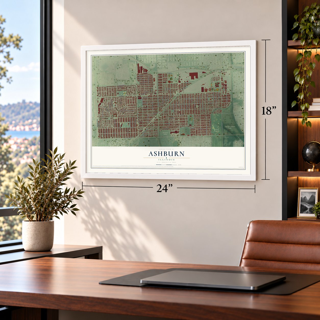 Ashburn, Illinois map, 18 x 24 inch print in a white frame in a home office