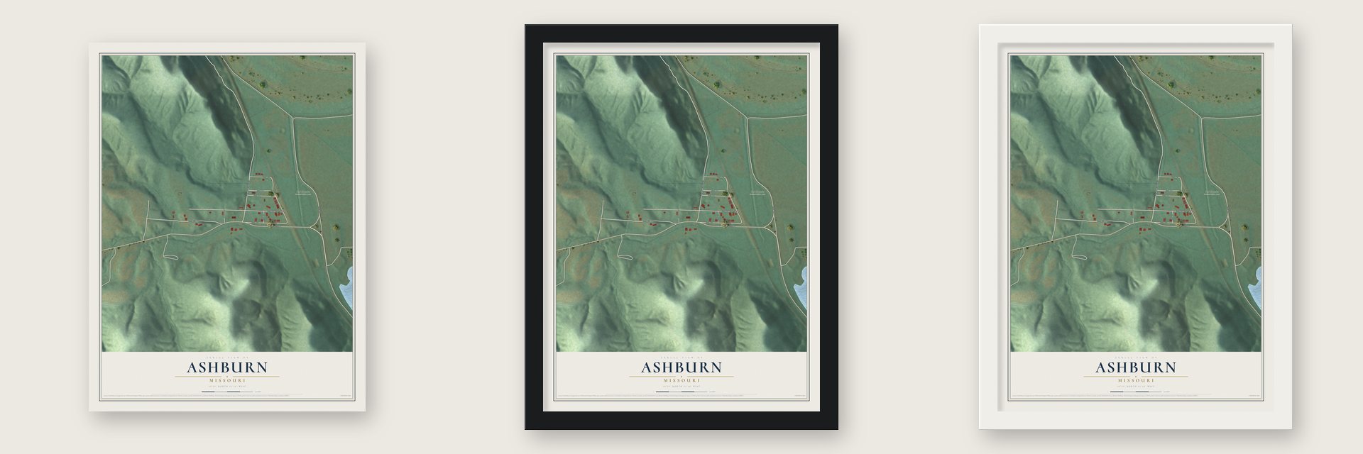 Ashburn, Missouri map unframed, in a black wood frame and in a white wood frame