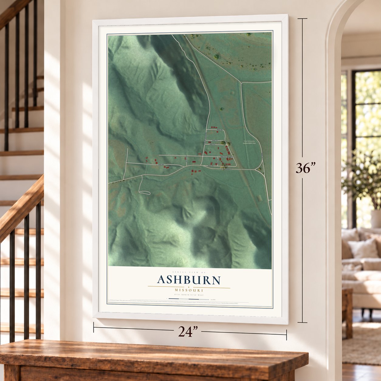 Ashburn, Missouri map, 24 x 36 inch print in a white frame by a staircase