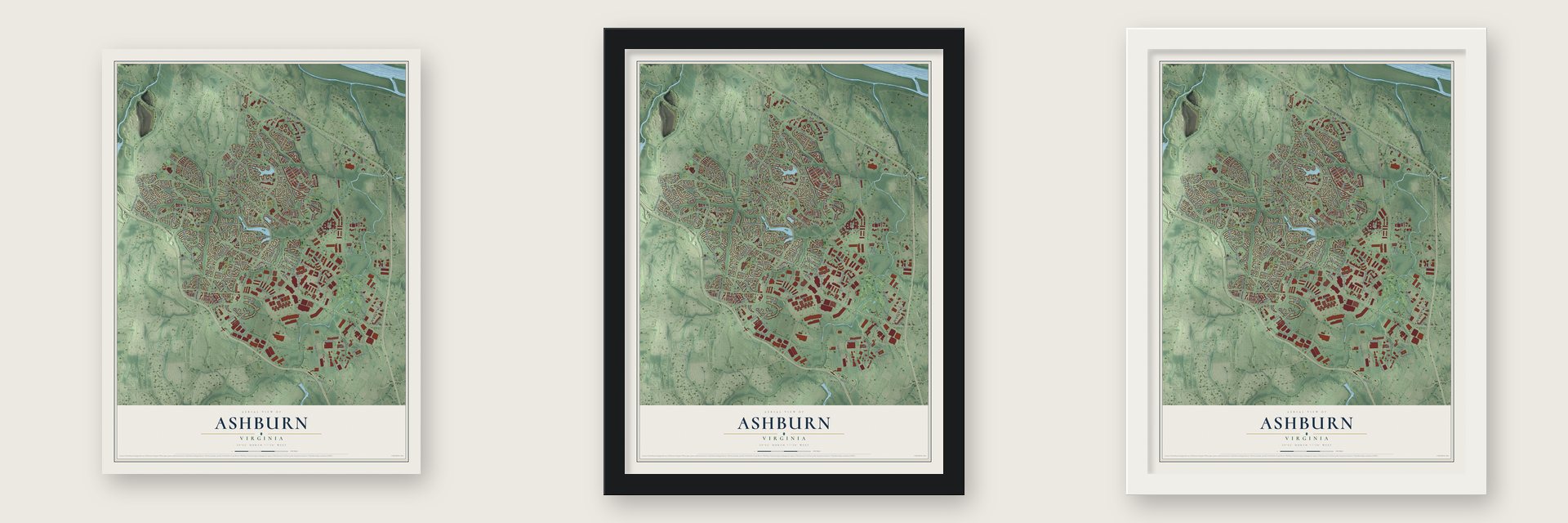 Ashburn, Virginia map unframed, in a black wood frame and in a white wood frame