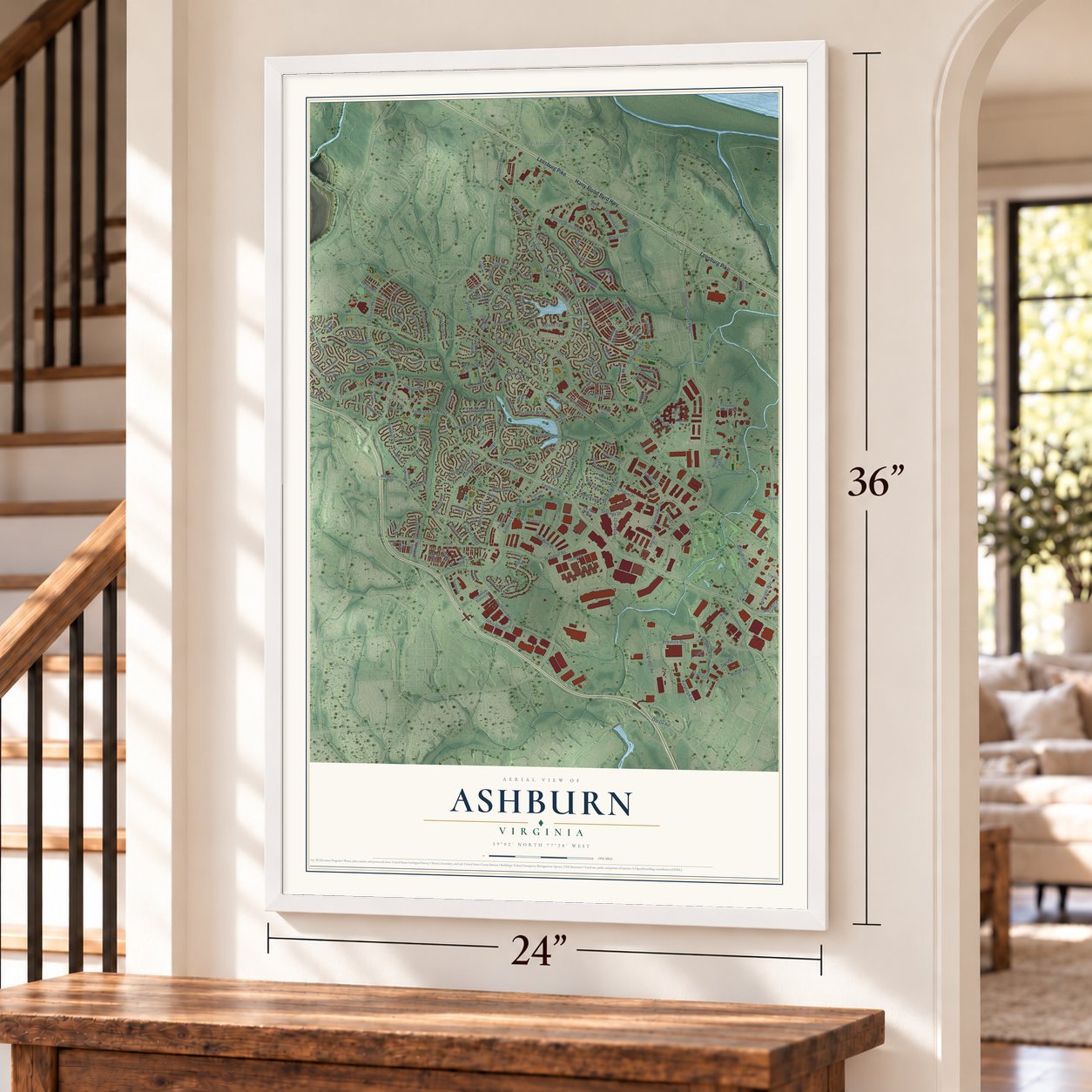 Ashburn, Virginia map, 24 x 36 inch print in a white frame by a staircase