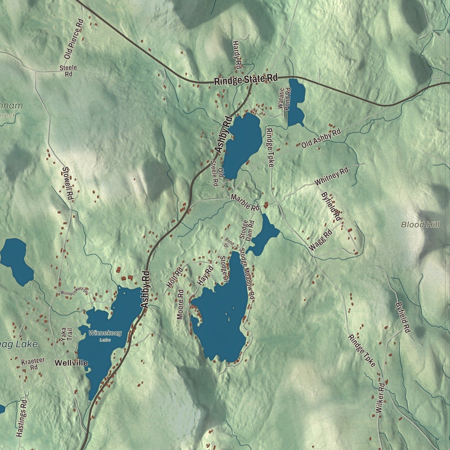 Close-up of the map of Ashburnham, Massachusetts print showing terrain and local geography