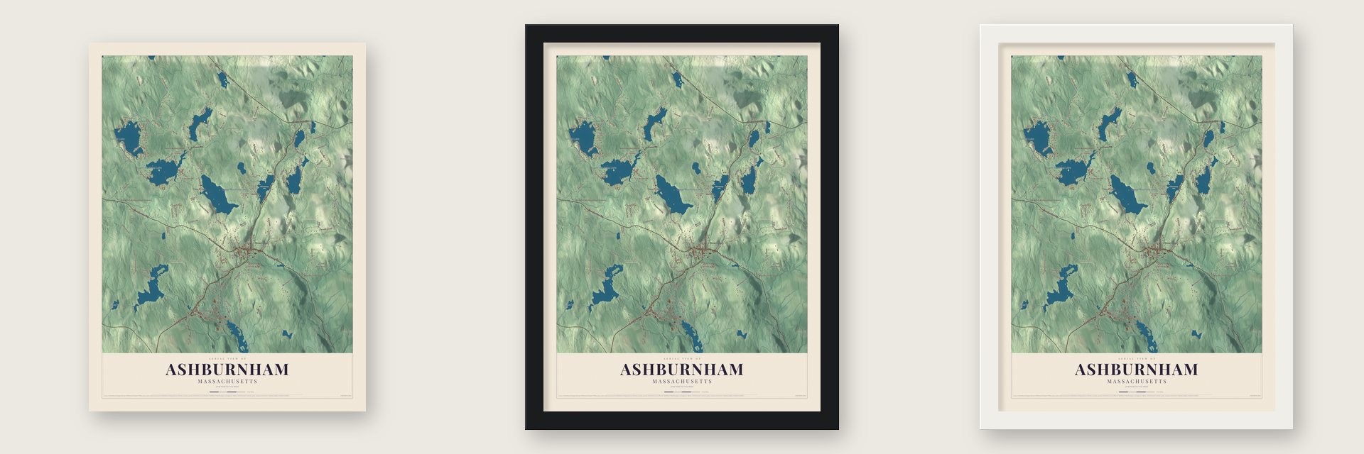 Ashburnham, Massachusetts map unframed, in a black wood frame and in a white wood frame