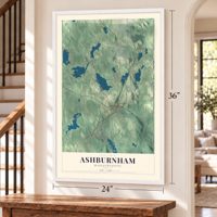 Ashburnham, Massachusetts map, 24 x 36 inch print in a white frame by a staircase