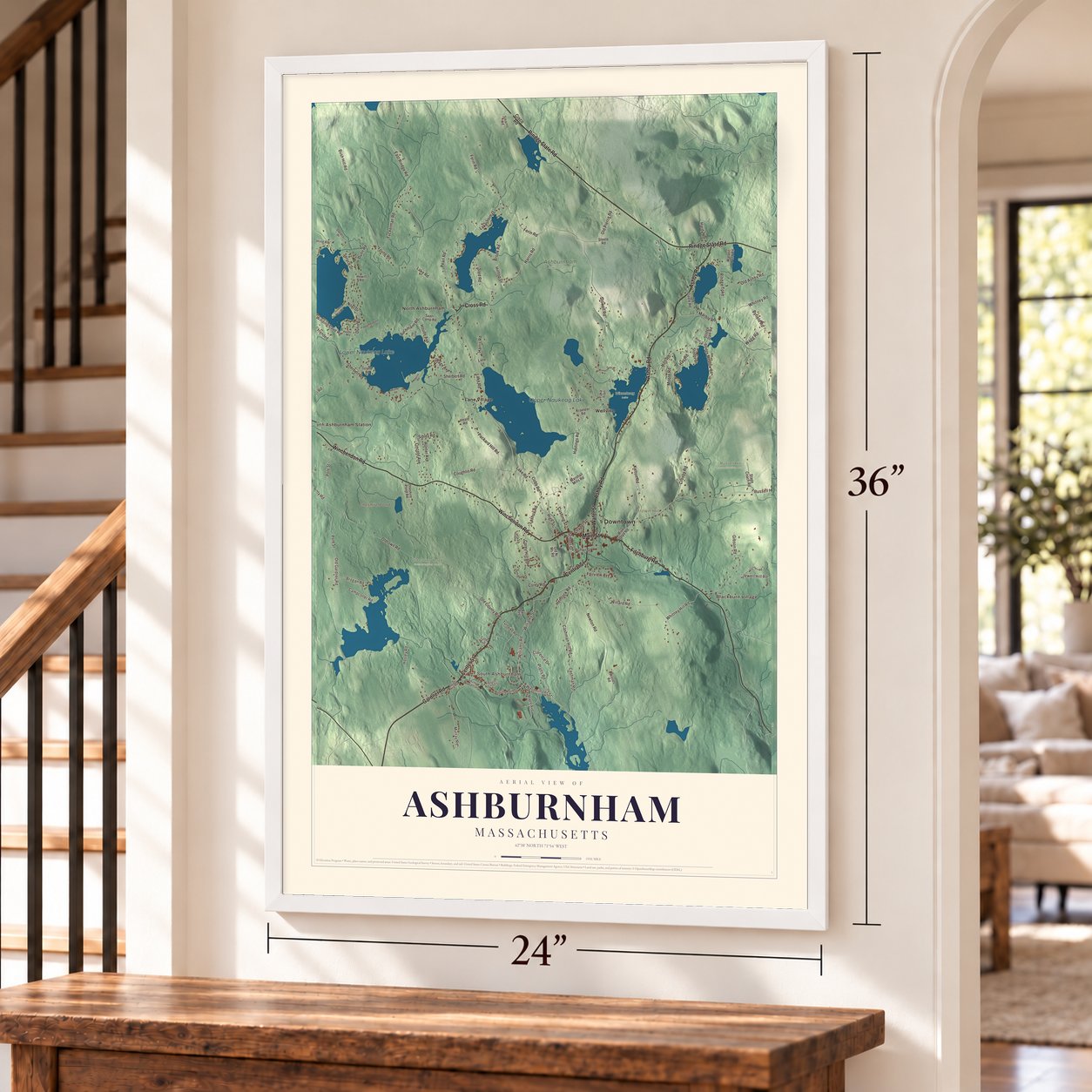 Ashburnham, Massachusetts map, 24 x 36 inch print in a white frame by a staircase