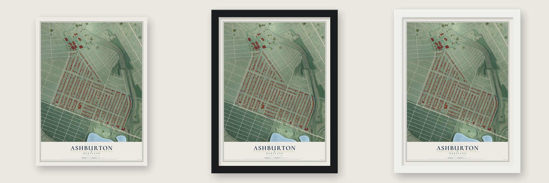 Ashburton, Maryland map unframed, in a black wood frame and in a white wood frame