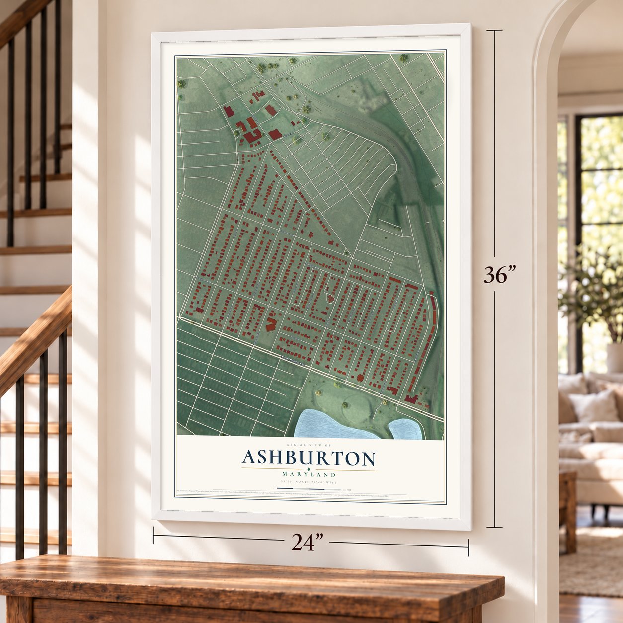 Ashburton, Maryland map, 24 x 36 inch print in a white frame by a staircase