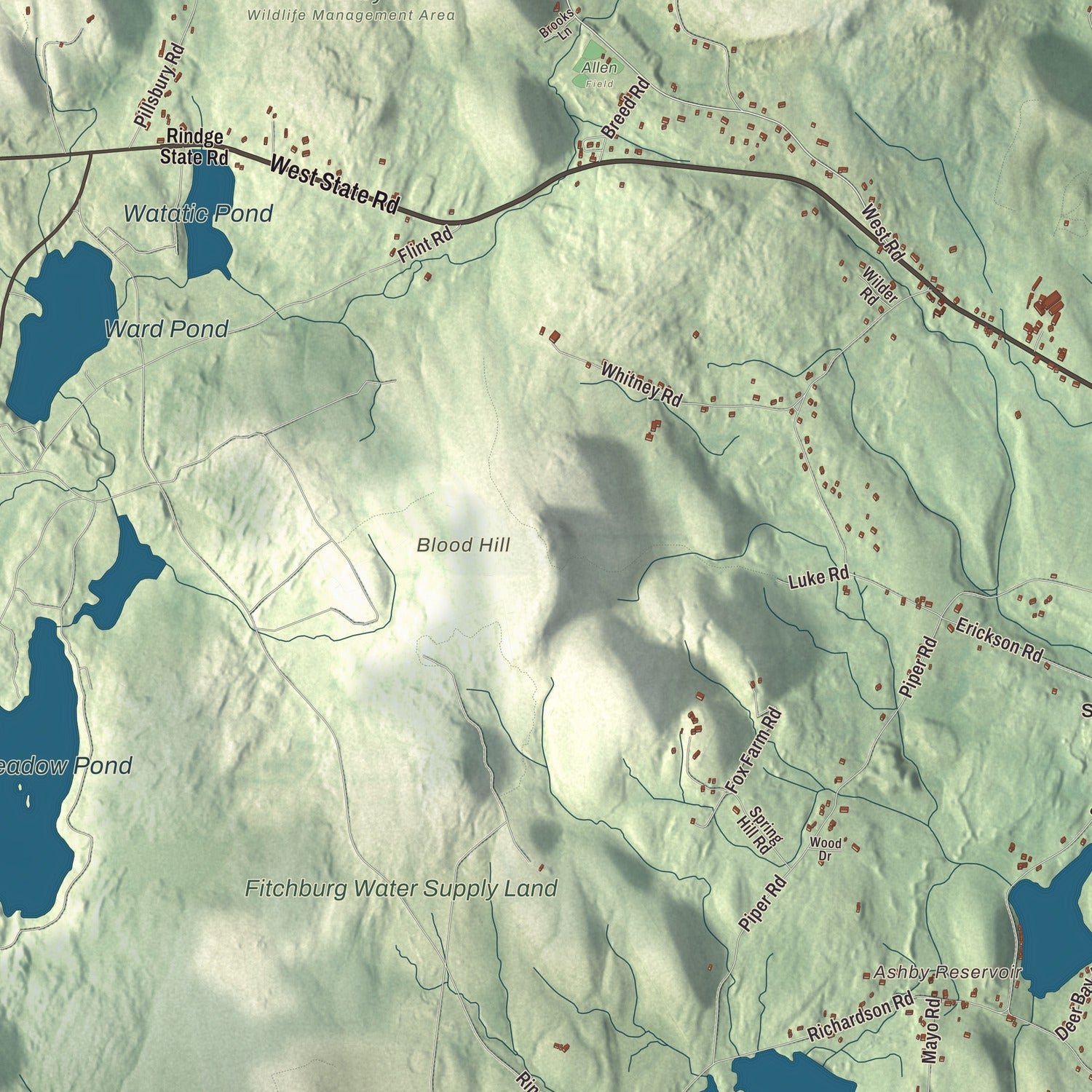 Close-up of the map of Ashby, Massachusetts print showing terrain and local geography