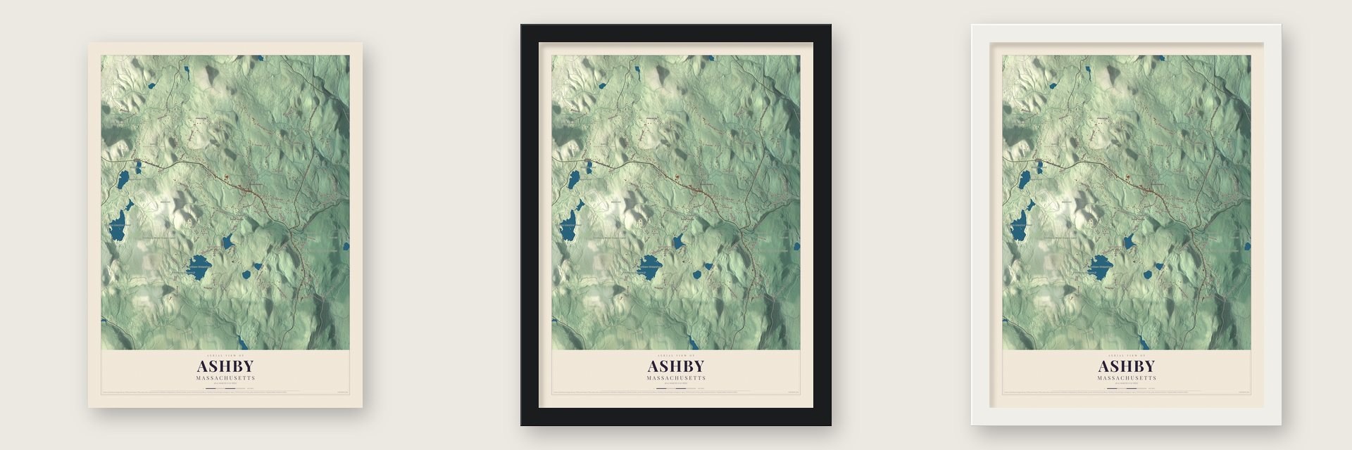 Ashby, Massachusetts map unframed, in a black wood frame and in a white wood frame