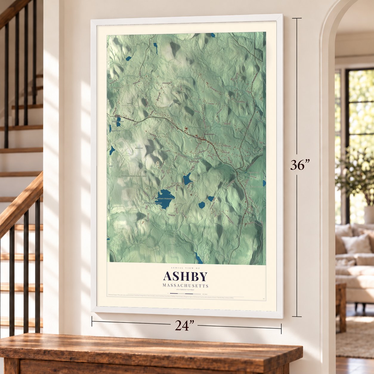 Ashby, Massachusetts map, 24 x 36 inch print in a white frame by a staircase