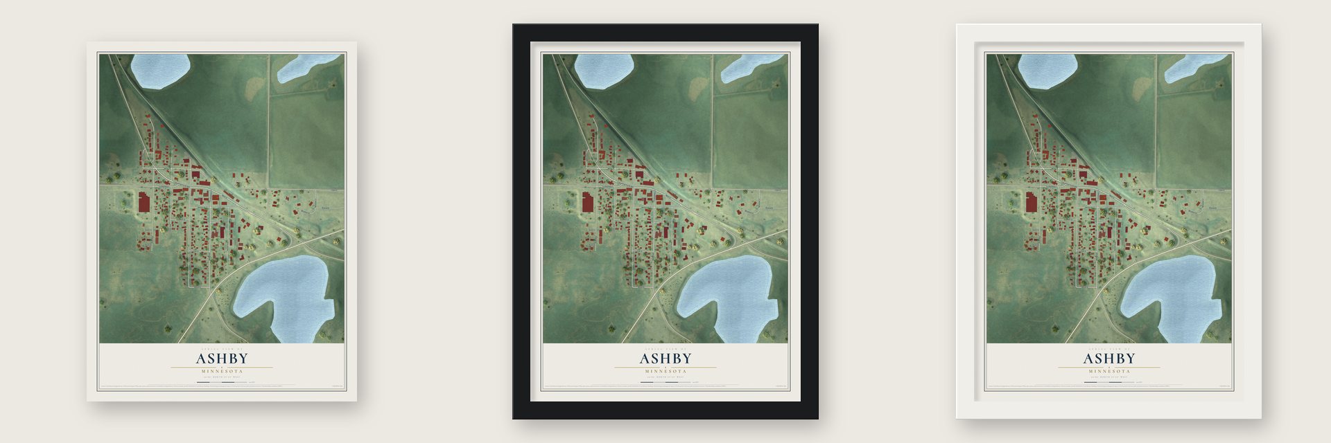 Ashby, Minnesota map unframed, in a black wood frame and in a white wood frame