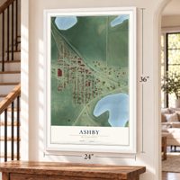 Ashby, Minnesota map, 24 x 36 inch print in a white frame by a staircase