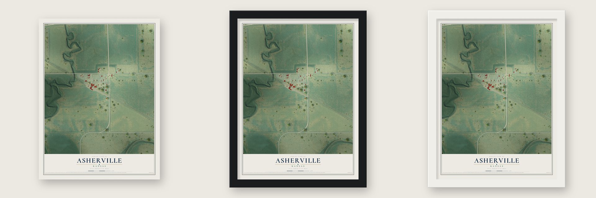 Asherville, Kansas map unframed, in a black wood frame and in a white wood frame