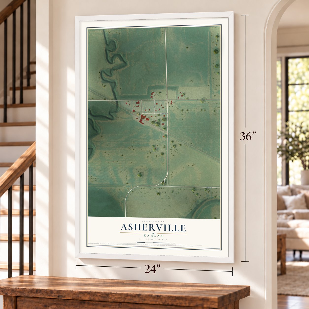 Asherville, Kansas map, 24 x 36 inch print in a white frame by a staircase