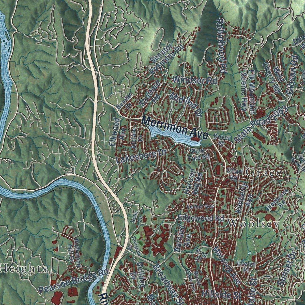 Second close-up of the map of Asheville, North Carolina print showing more streets and buildings