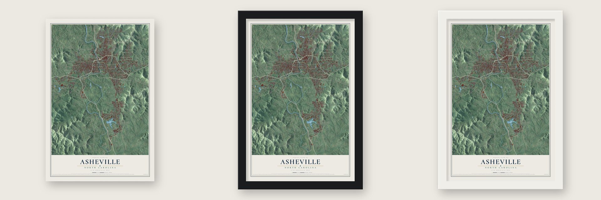 Asheville, North Carolina map unframed, in a black wood frame and in a white wood frame